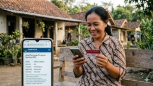 Seorang wanita menggunakan smartphone dan memegang kartu KKS untuk mempraktikkan cara cek nama penerima bansos PKH dan BPNT Maret 2026 lewat HP tanpa aplikasi di situs resmi Kemensos.