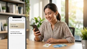 Ilustrasi cara menabung emas modal 50 ribu menggunakan aplikasi smartphone untuk investasi emas digital bagi pemula.