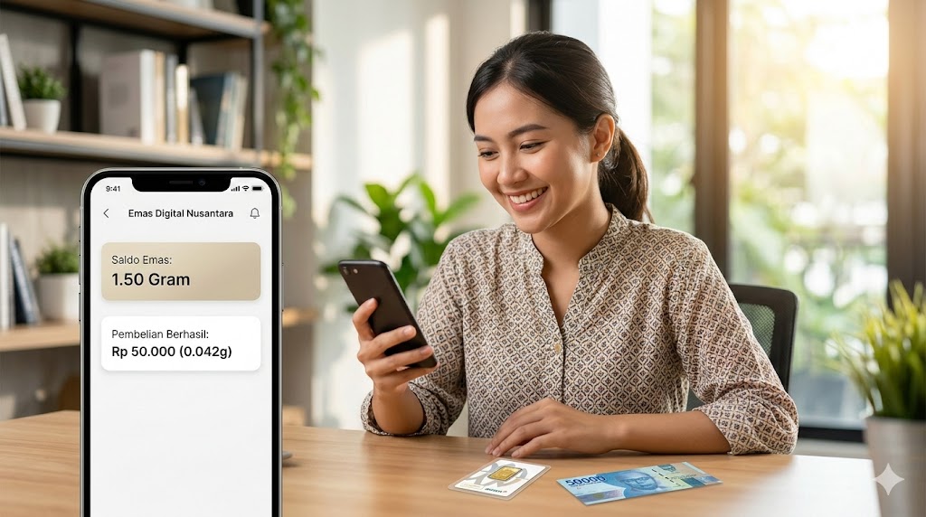 Ilustrasi cara menabung emas modal 50 ribu menggunakan aplikasi smartphone untuk investasi emas digital bagi pemula.