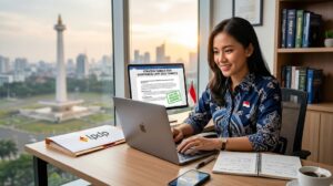 Seorang wanita sedang menyusun esai kontribusi LPDP 2026 di laptop dengan latar belakang Monas Jakarta untuk persiapan seleksi beasiswa.