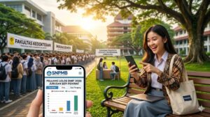 Seorang mahasiswi Indonesia tersenyum gembira duduk di bangku taman kampus, menunjuk ke ponselnya yang menampilkan bagan 'Peluang Lolos SNBT 2026: Jurusan Sepi Peminat', menunjukkan daya tampung tinggi untuk jurusan strategis seperti Oseanografi, Geologi, dan Arkeologi dibanding pendaftarnya yang rendah. Di latar belakang, kerumunan besar mengantre untuk Kedokteran dan Manajemen, sementara area Jurusan Strategis terlihat sepi, menampilkan komparasi visual peluang kuliah. Mahasiswi memegang tote bag logo 'PONGGOK.ID'.