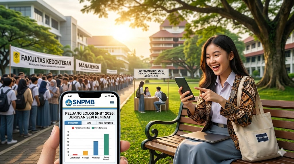 Seorang mahasiswi Indonesia tersenyum gembira duduk di bangku taman kampus, menunjuk ke ponselnya yang menampilkan bagan 'Peluang Lolos SNBT 2026: Jurusan Sepi Peminat', menunjukkan daya tampung tinggi untuk jurusan strategis seperti Oseanografi, Geologi, dan Arkeologi dibanding pendaftarnya yang rendah. Di latar belakang, kerumunan besar mengantre untuk Kedokteran dan Manajemen, sementara area Jurusan Strategis terlihat sepi, menampilkan komparasi visual peluang kuliah. Mahasiswi memegang tote bag logo 'PONGGOK.ID'.