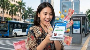 Wanita terkejut memegang ponsel yang mengeluarkan uang Rupiah, menampilkan saldo DANA bertambah dan logo OJK terdaftar.
