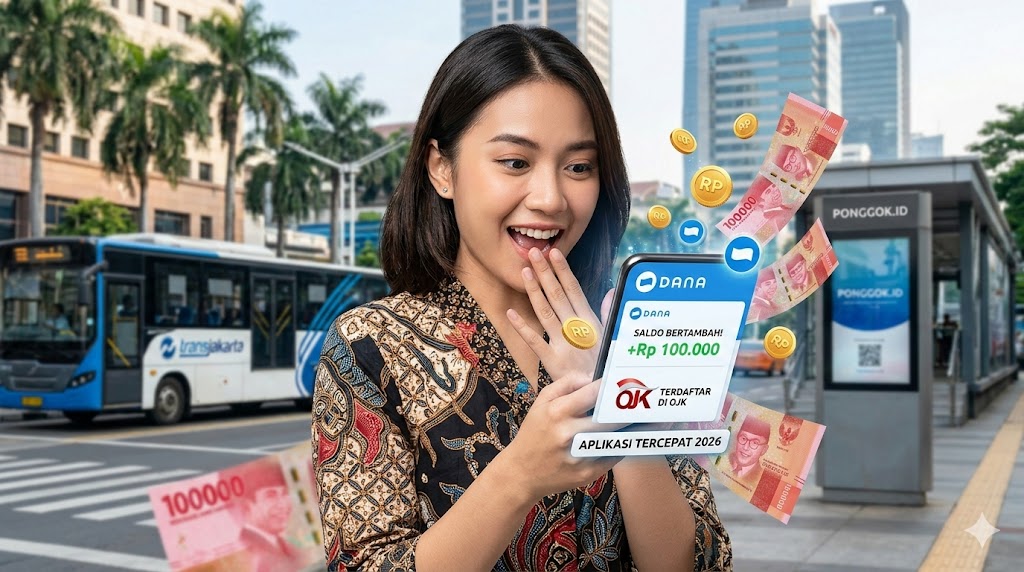 Wanita terkejut memegang ponsel yang mengeluarkan uang Rupiah, menampilkan saldo DANA bertambah dan logo OJK terdaftar.
