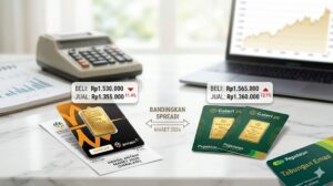 Perbandingan visual spread harga emas Antam dan Pegadaian Maret 2026, menampilkan rincian harga beli, harga buyback, dan kalkulasi selisih investasi logam mulia di atas meja kerja dengan latar grafik emas.
