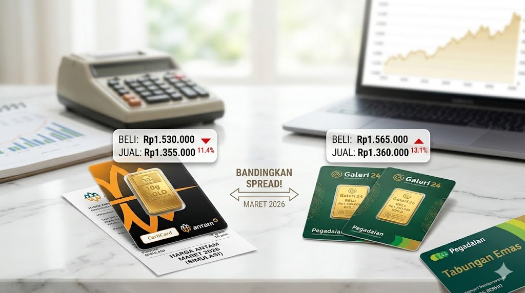 Perbandingan visual spread harga emas Antam dan Pegadaian Maret 2026, menampilkan rincian harga beli, harga buyback, dan kalkulasi selisih investasi logam mulia di atas meja kerja dengan latar grafik emas.