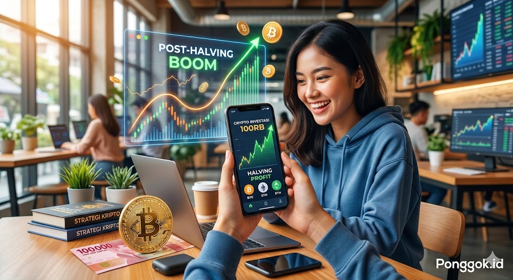 Wanita muda tersenyum melihat grafik investasi aset kripto pasca-halving dengan modal 100 ribu di smartphone