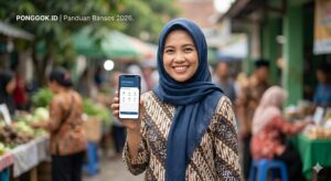 Seorang wanita mengenakan batik dan hijab tersenyum sambil menunjukkan layar smartphone aplikasi Cek Bansos Kemensos 2026 untuk verifikasi DTKS terbaru dengan latar belakang pasar tradisional yang ramai.